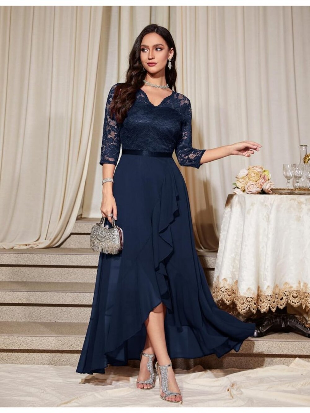 Women's Navy V-Neck Stylish Wedding Floral Lace Cocktail Party Bridesmaid Dress - Picture 5 of 6
